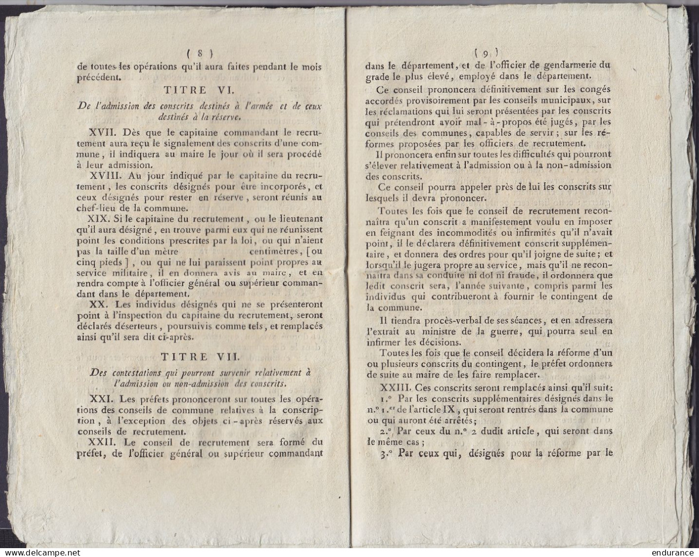 Arrêté Relatif Aux Conscrits Datée 18 Thermidor An 10 (6 Août 1802) Paris - 48 Pages - Concerne Le Rectructement De L'ar - Wetten & Decreten