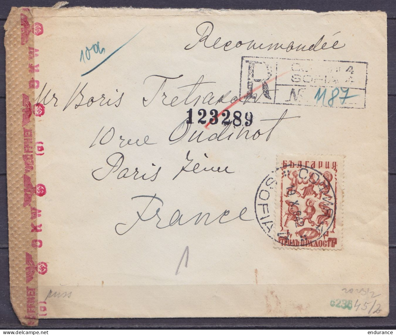 Bulgarie - Env. Recommandée Par Avion Affr. 14L Càd SOFIA /19.X 1942 Pour PARIS - Bande Et Cachets Censure Allemande - Lettres & Documents
