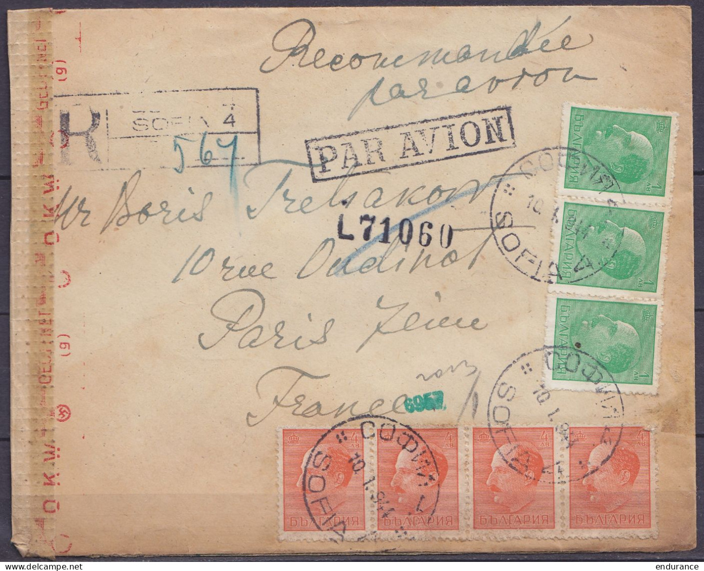 Bulgarie - Env. Recommandée Par Avion Affr. 19L Càd SOFIA /10.I 1944 Pour PARIS - Bande Et Cachets Censure Allemande - Lettres & Documents