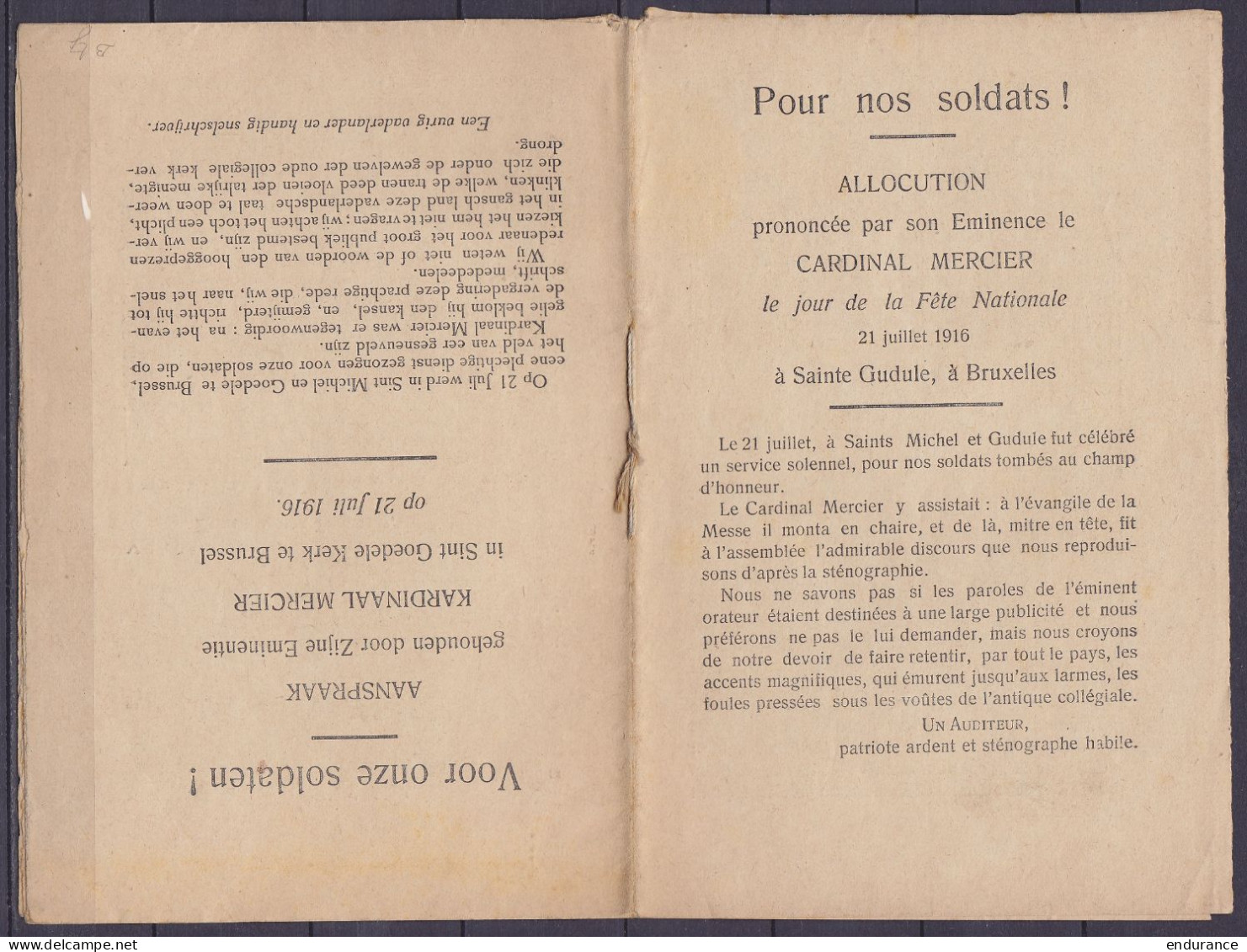 Allocution Prononcée Par Le Cardinal Mercier Le 21 Juillet 1916 à Sainte Gudule à Bruxelles - "Pour Nos Soldats / Voor O - 1914-18