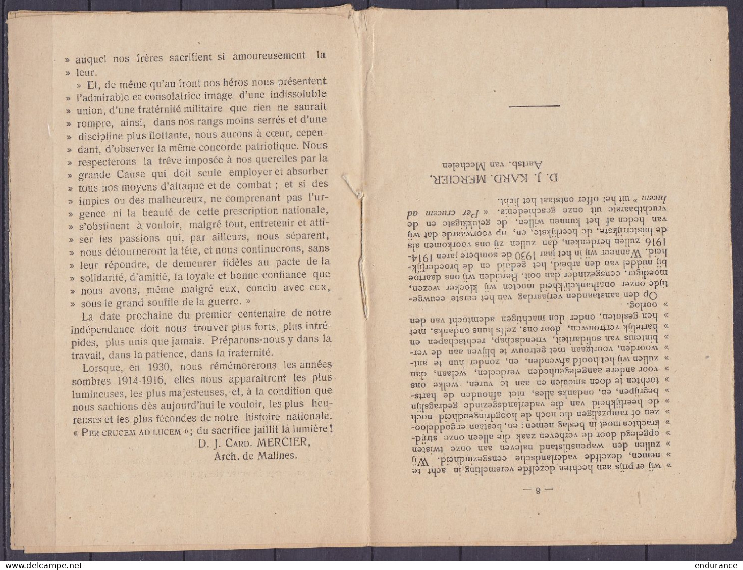 Allocution Prononcée Par Le Cardinal Mercier Le 21 Juillet 1916 à Sainte Gudule à Bruxelles - "Pour Nos Soldats / Voor O - 1914-18