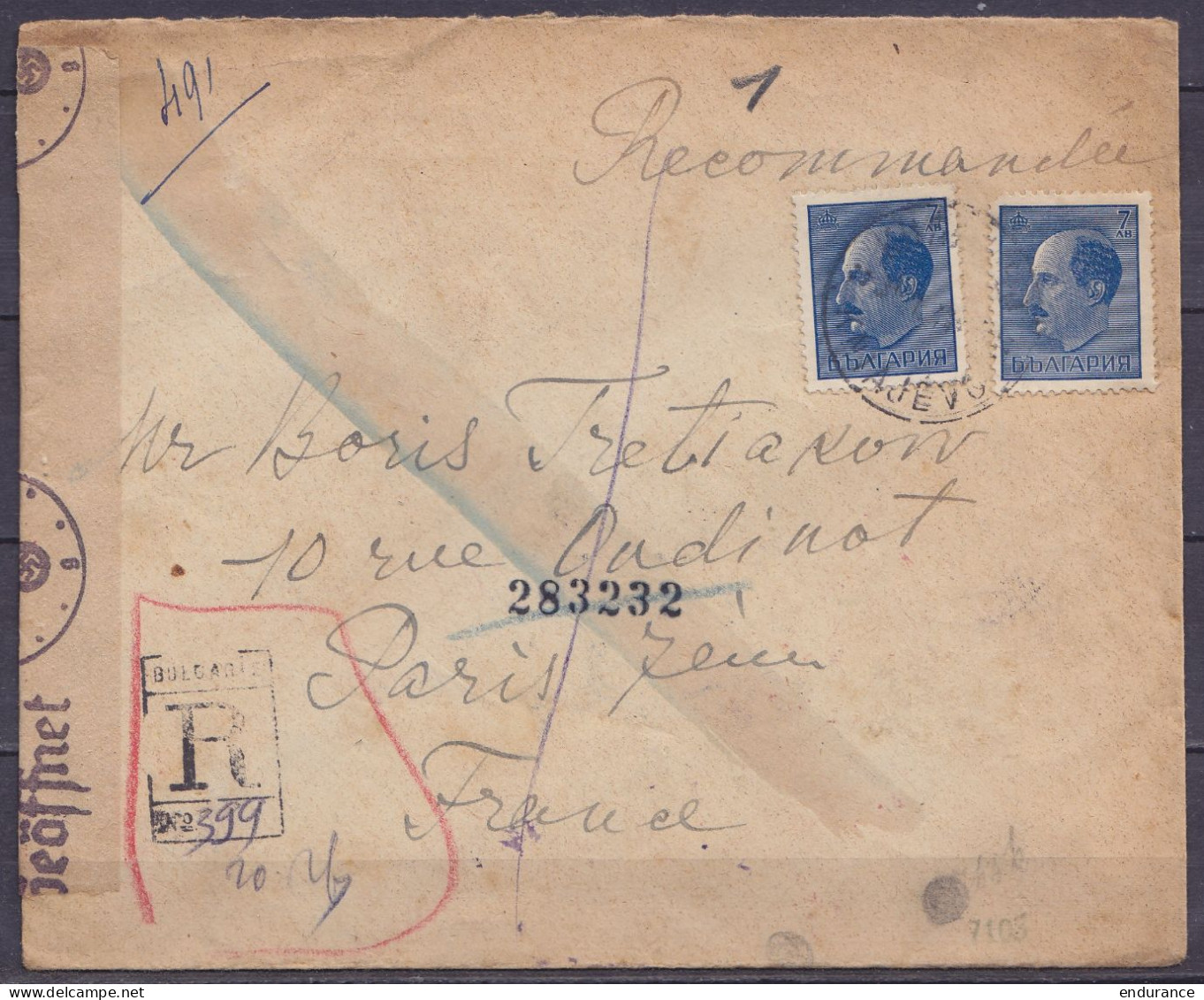 Bulgarie - Env. Recommandée Par Avion Affr. 14L Càd KNIAJEVO-SOFISNO /1944 (Sofia) Pour PARIS - Bande Et Cachets Censure - Storia Postale