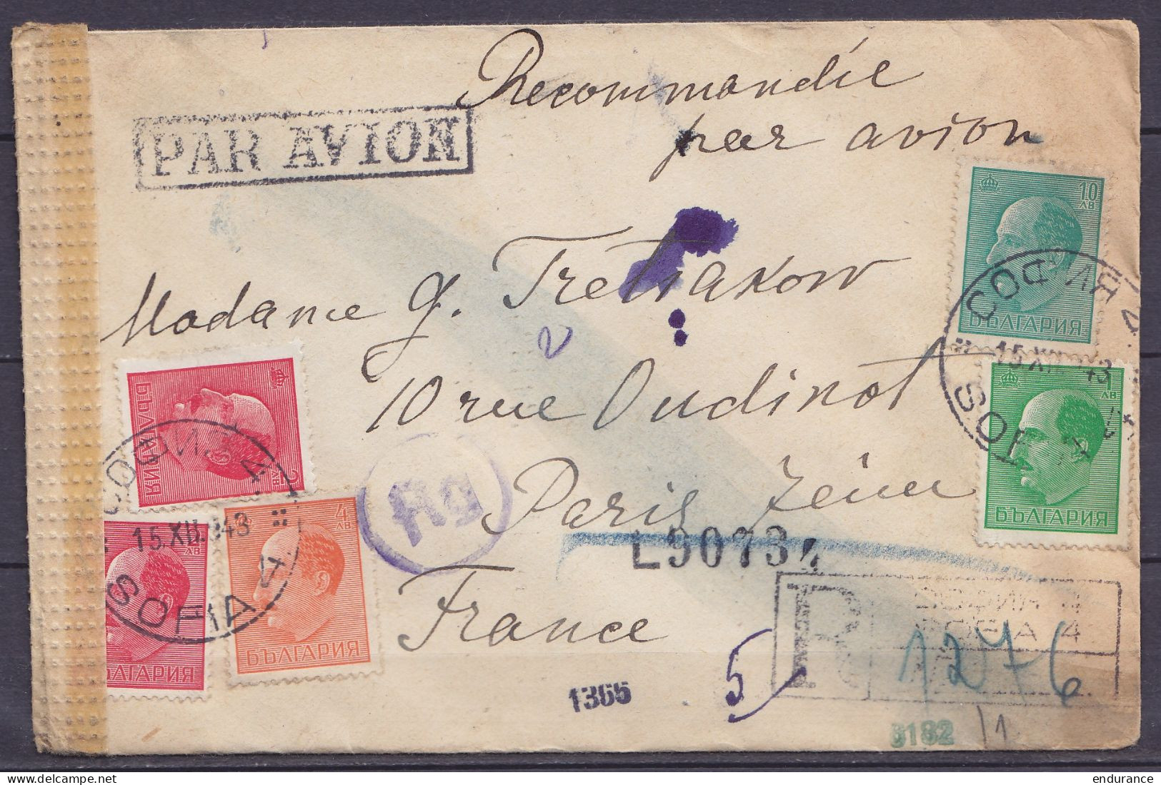 Bulgarie - Env. Recommandée Par Avion Affr. 19L Càd SOFIA /15.XII 1943 Pour PARIS - Bande Et Cachets Censure Allemande - Lettres & Documents