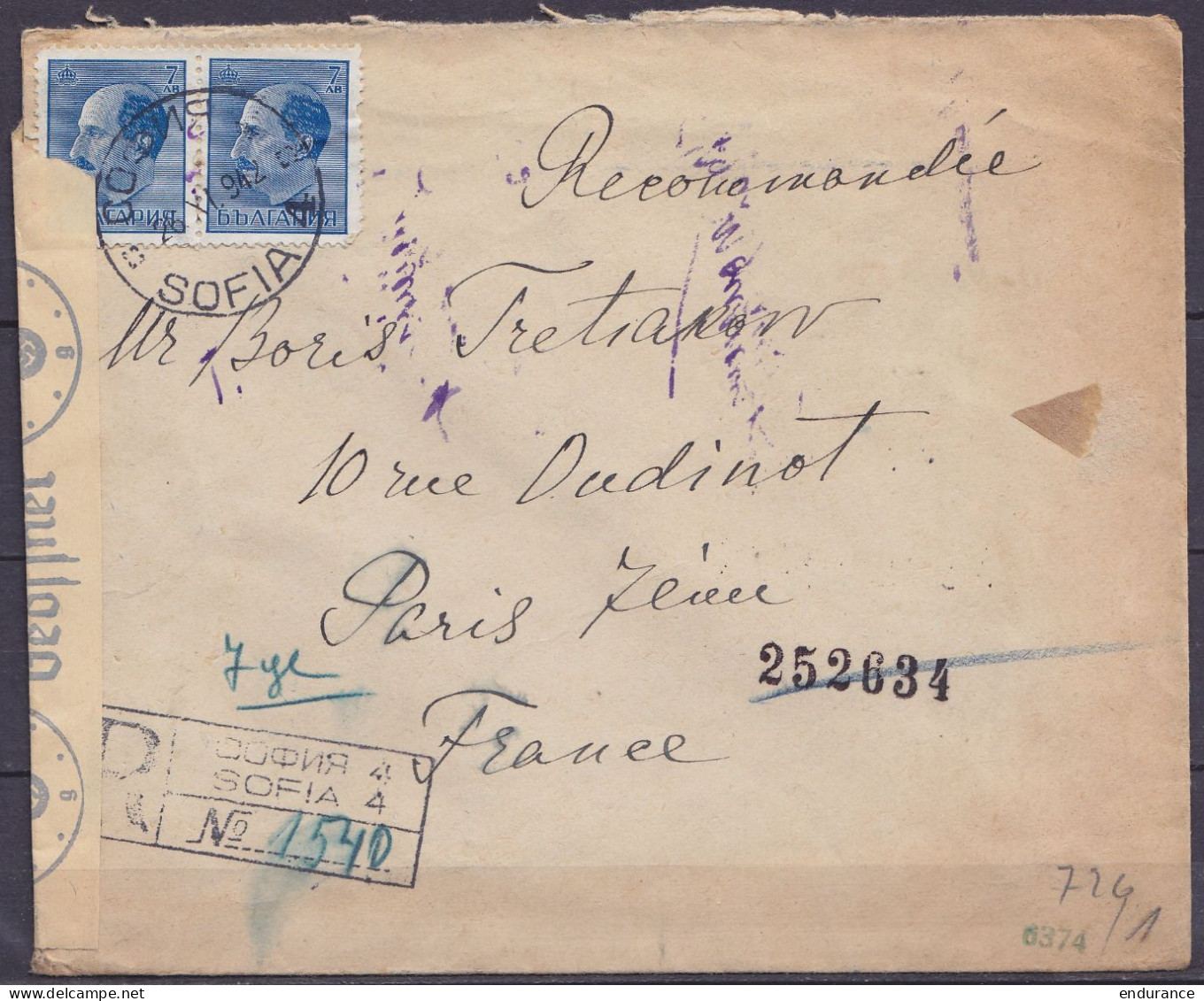 Bulgarie - Env. Recommandée Par Avion Affr. 14L Càd SOFIA /26.IX 1942 Pour PARIS - Bande Et Cachets Censure Allemande - Lettres & Documents