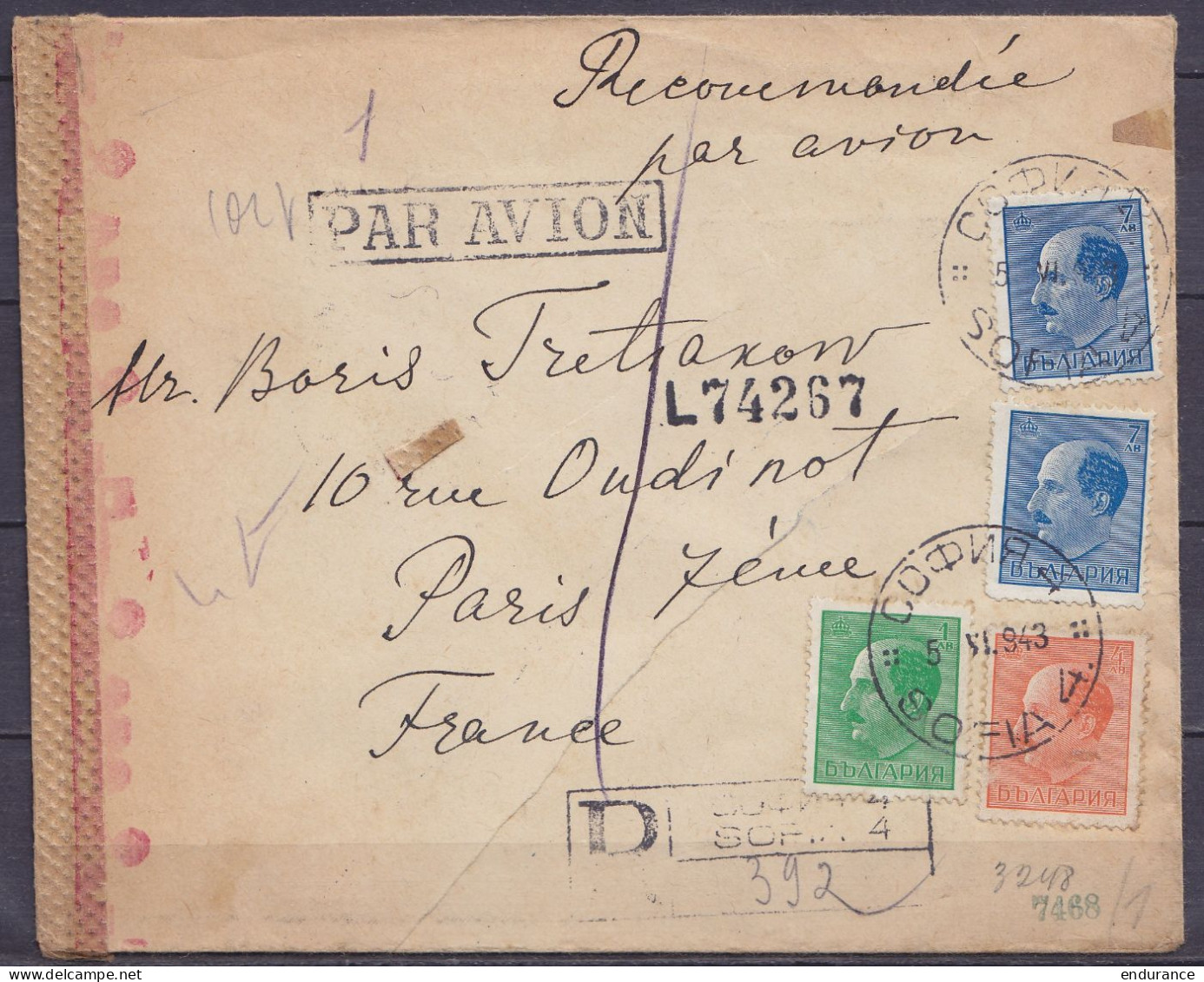 Bulgarie - Env. Recommandée Par Avion Affr. 19L Càd SOFIA /-5.VI 1943 Pour PARIS - Bande Et Cachets Censure Allemande - Covers & Documents