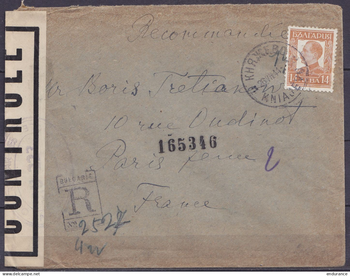 Bulgarie - Env. Recommandée Par Avion Affr. 14L Càd SOFIA /26.VII 1944 Pour PARIS - Bande Et Cachets Censure Française - Storia Postale