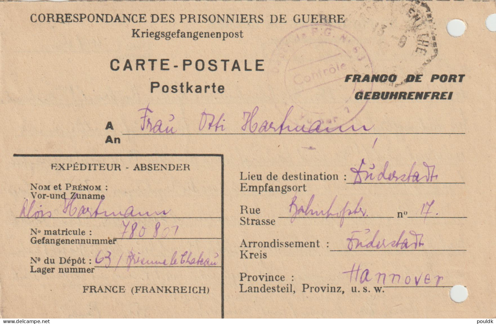 German Prisoner Of War Card From France, Depot PG 63 Located Brienne Le Château (Aube) Signed 11.9.1946 - Militares