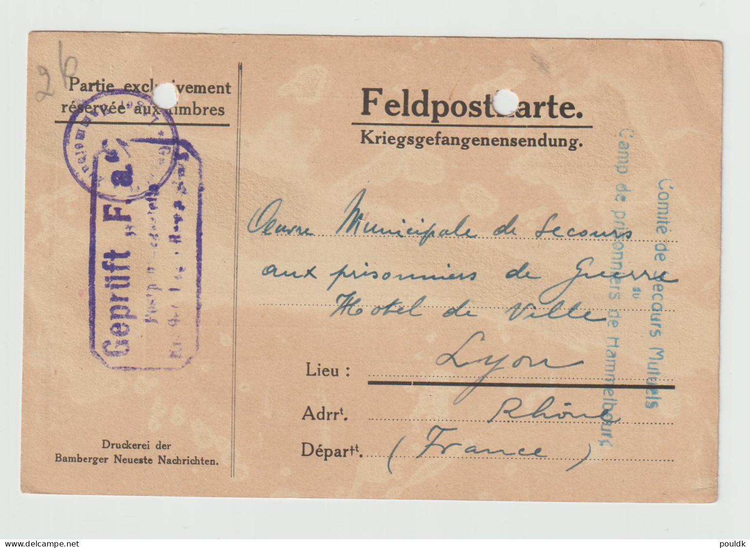 French Prisoner Of War Card From Germany, Kriegsgefangenenlager Hammelburg Signed 23.6.1918. Postal Weight - Militaria