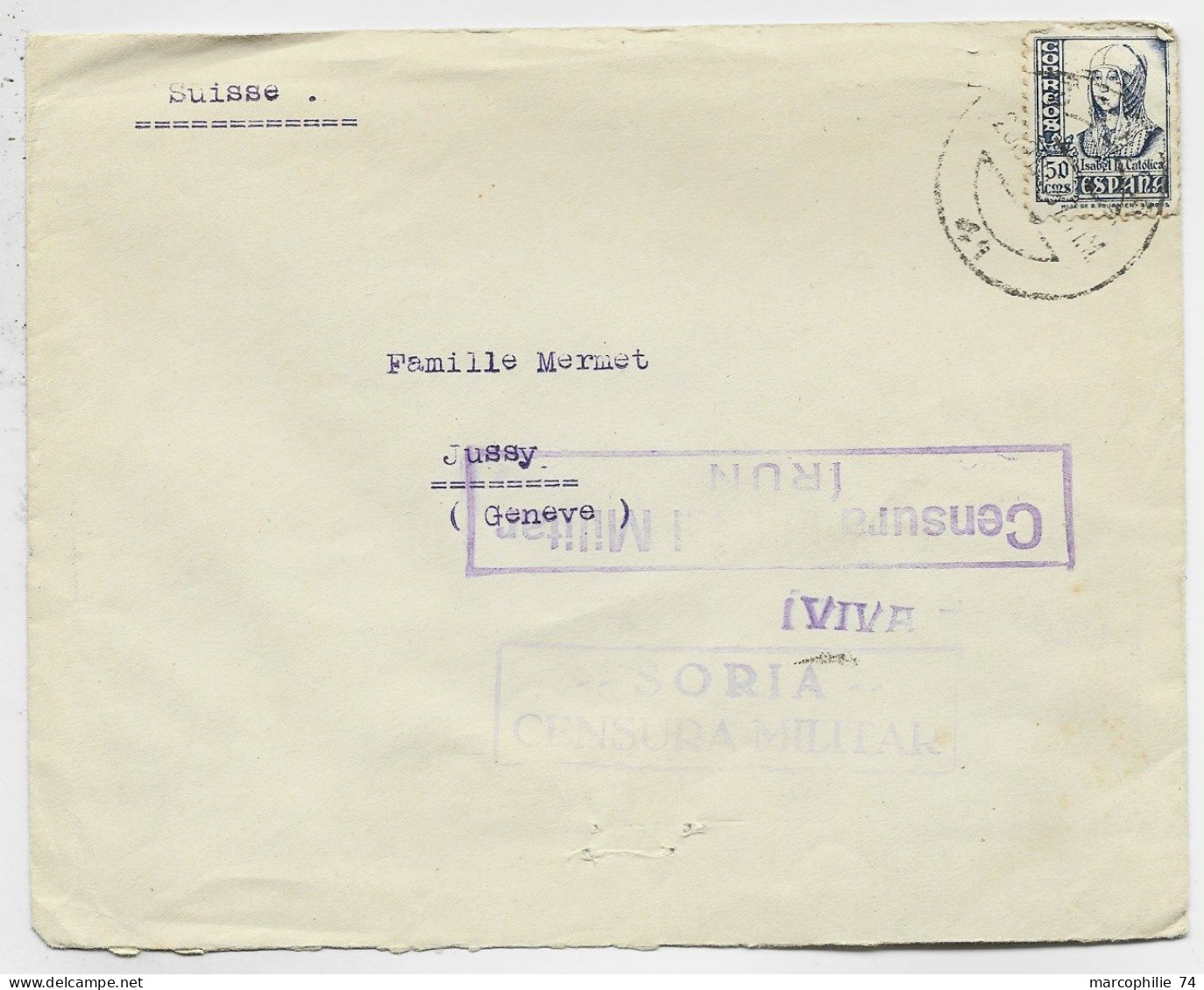 ESPANA 50C SOLO LETTRE COVER IRUN  TO GENEVE SUISSE CENSURA MILITAR IRUN - Storia Postale