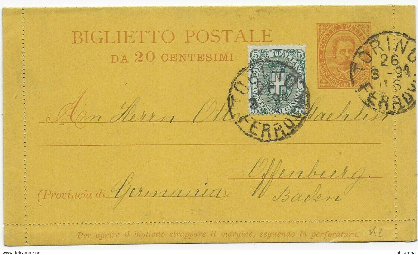 Ganzsache Von Torino 1894 Nach Offenburg - Unclassified