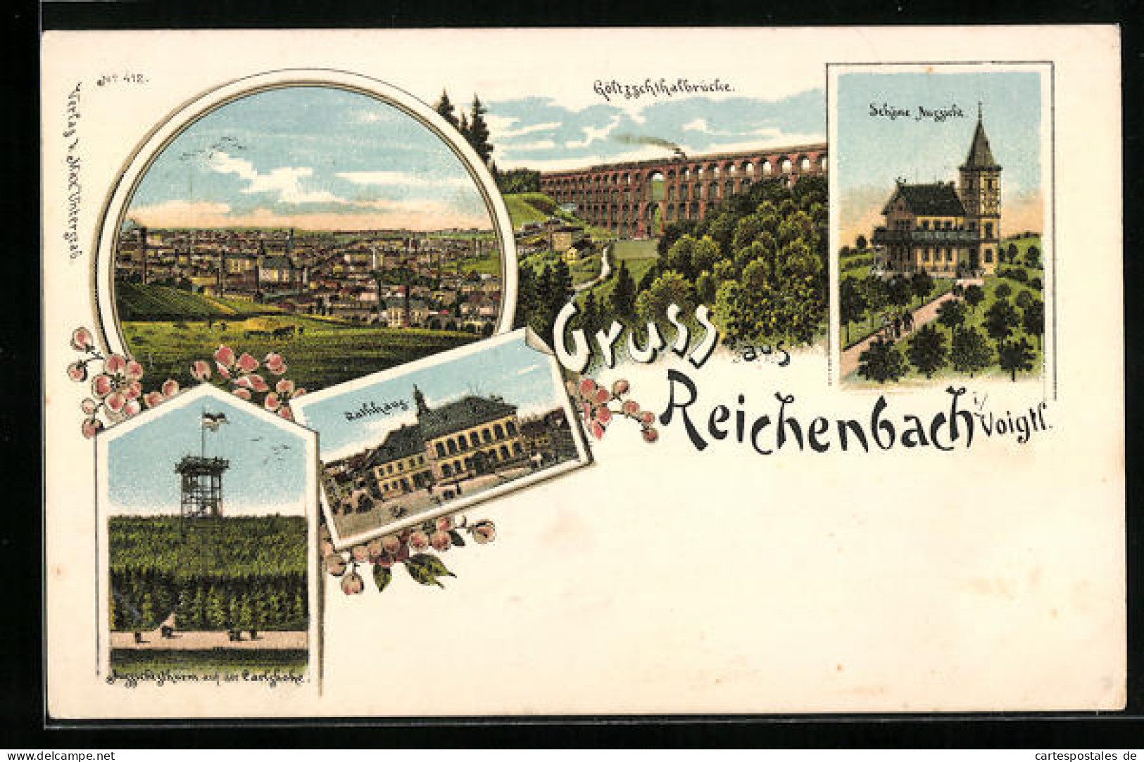 Lithographie Reichenbach I. V., Ortsansicht, Gasthaus Schöne Aussicht  - Reichenbach I. Vogtl.