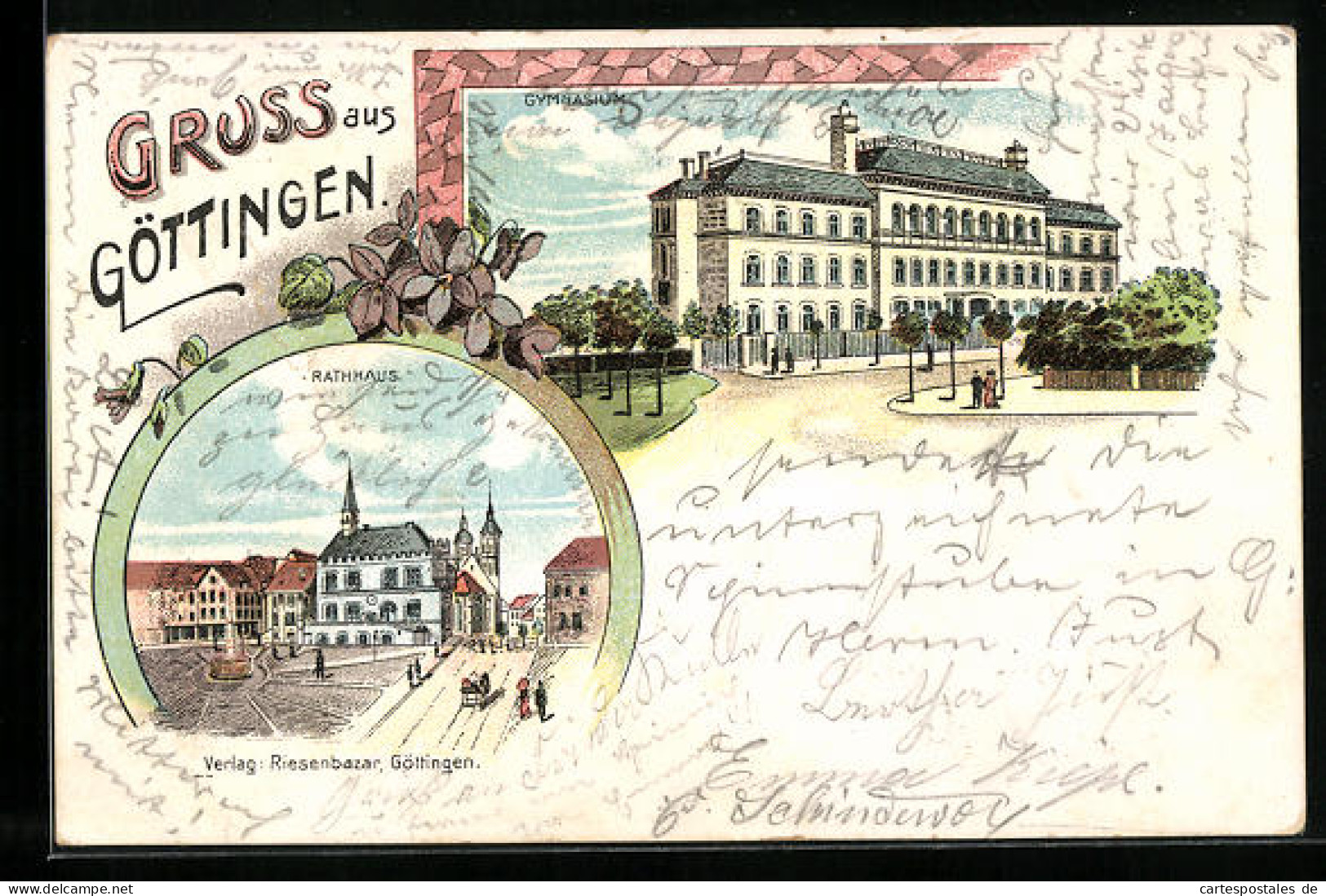 Lithographie Göttingen, Gymnasium, Ortspartie Mit Rathaus  - Goettingen
