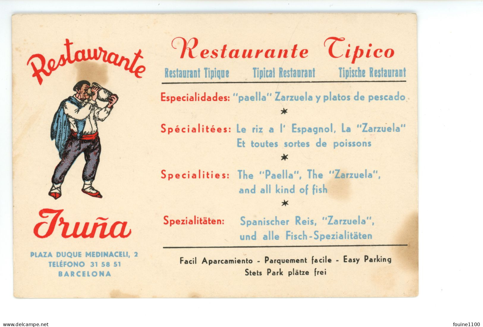 Carte De Visite Restaurante Tipico IRUNA Plaza Duque Medinaceli, 2 BARCELONA ESPAGNE - Cartes De Visite