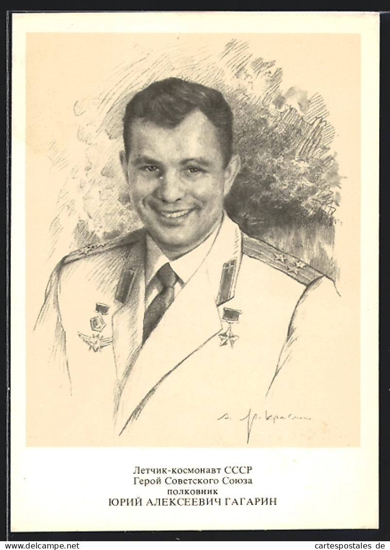 Künstler-AK Sowjetischer Kosmonaut Gagarin  - Raumfahrt