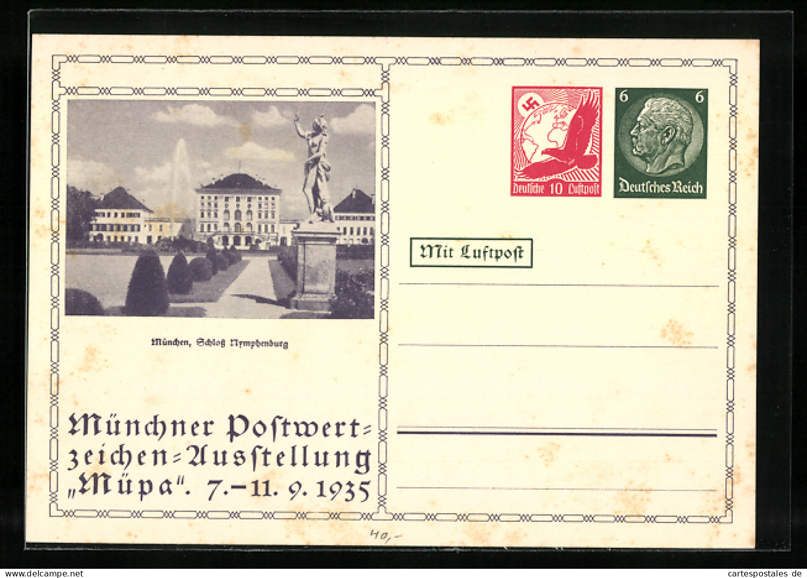 AK München, Postwertzeichen-Ausstellung Müpa 1935, Schloss Nymphenburg, Ganzsache  - Briefmarken (Abbildungen)