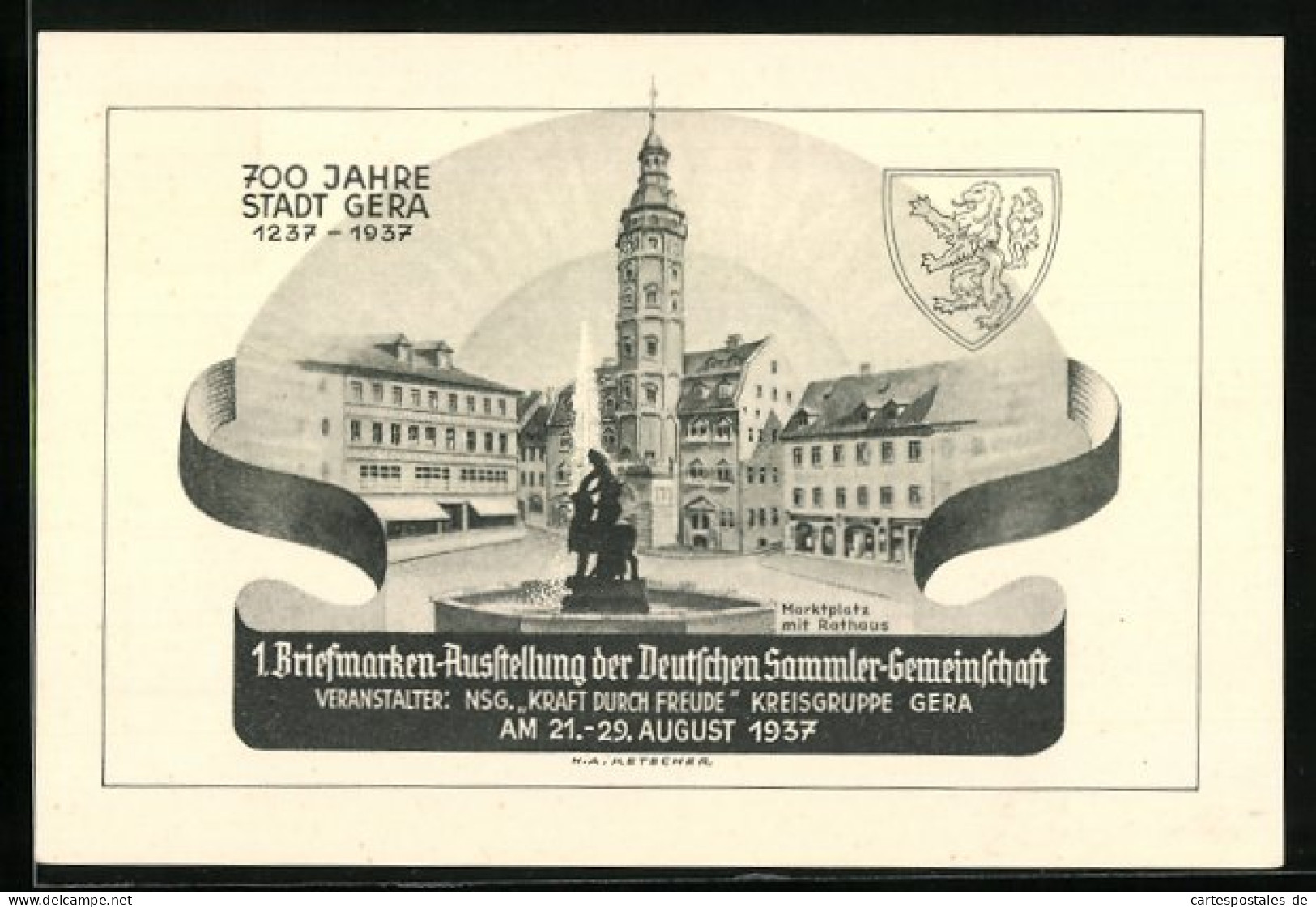 AK Gera, 1. Briefmarken-Ausstellung Der Deutschen Sammler-Gemeinschaft 1937, Marktplatz Mit Rathaus, Ganzsache  - Francobolli (rappresentazioni)