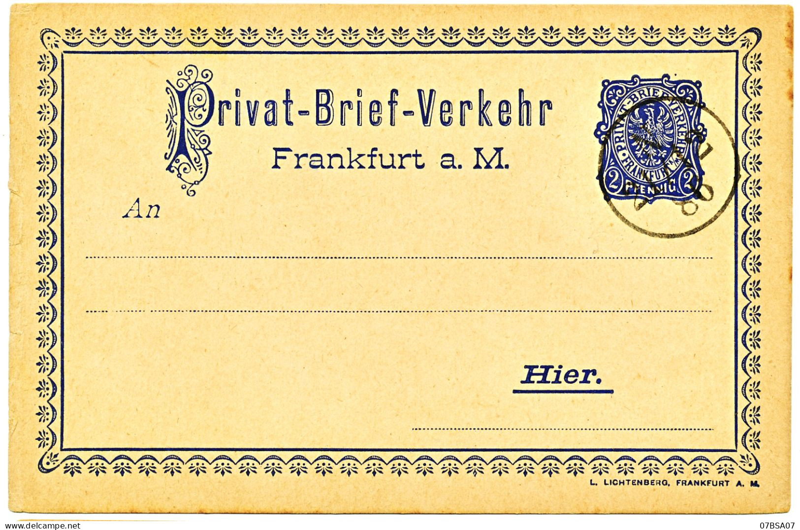ALLEMAGNE CP ENTIER POSTAL LOCAL 1886 FRANKFURT PRIVAT BRIEF VERKEHR - Lettres & Documents