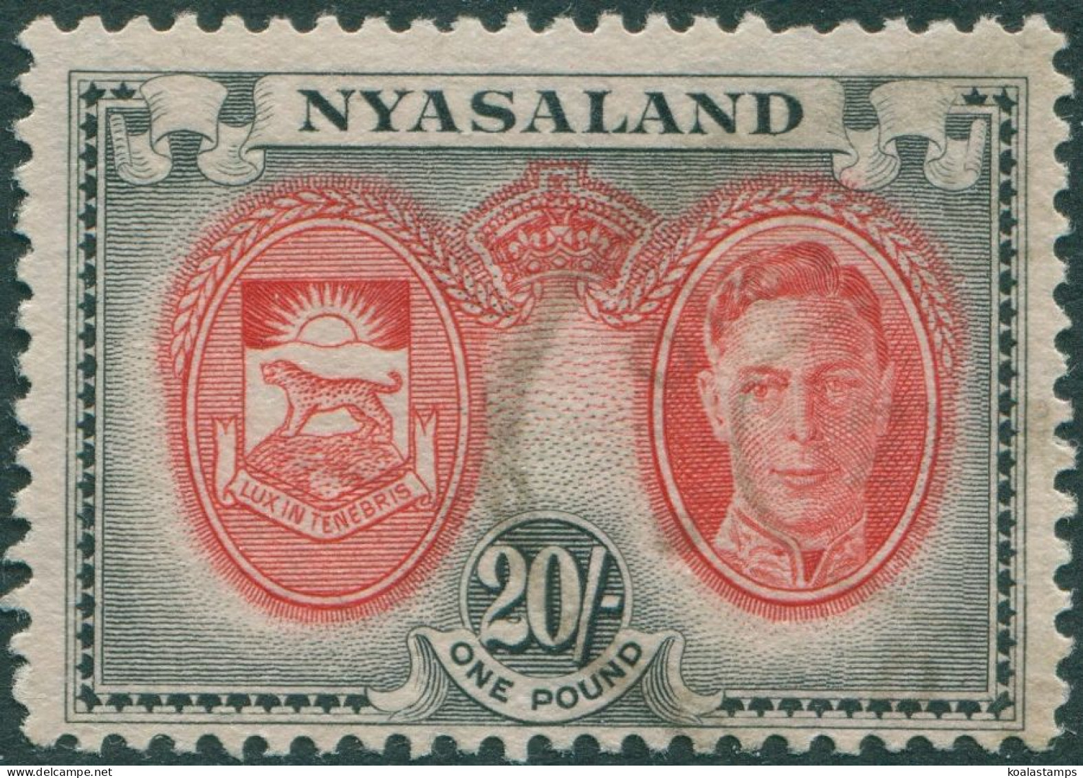 Nyasaland 1945 SG157 20/- Scarlet And Black KGVI Arms FU - Malawi (1964-...)