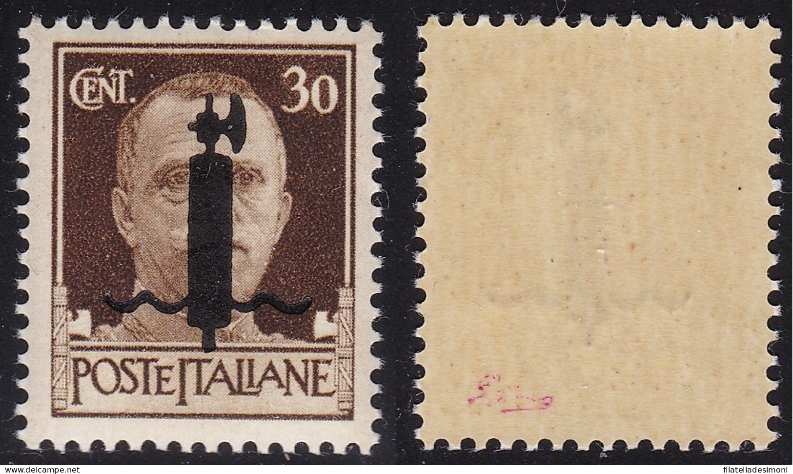 1944 Repubblica Sociale Italiana, N. 492A 30 Cent. Bruno Timbrino Di Garanzia - Sonstige & Ohne Zuordnung