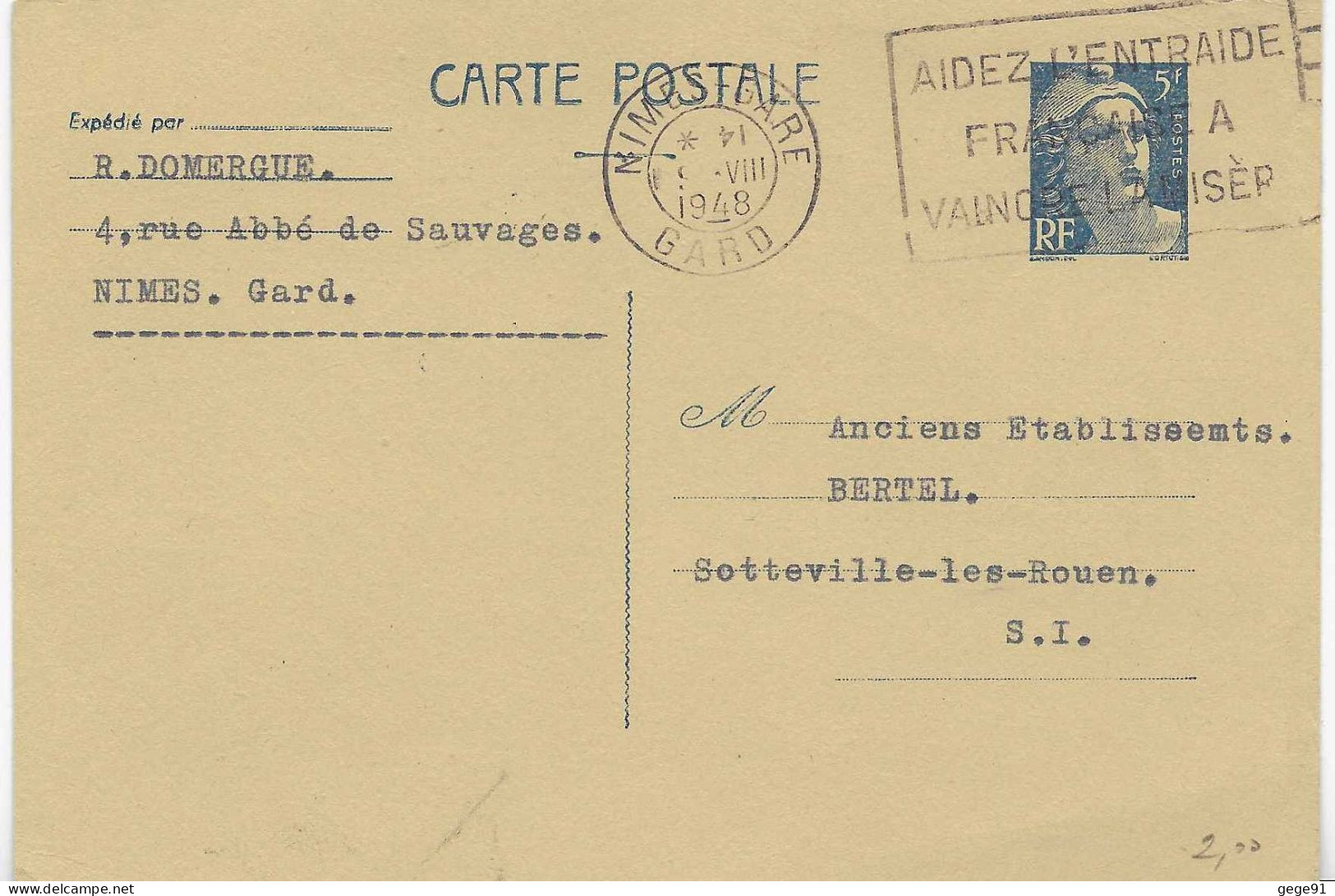 Flier De Nimes Gare - Aidez L'entraide Française à Vaincre La Misère - Mechanical Postmarks (Advertisement)