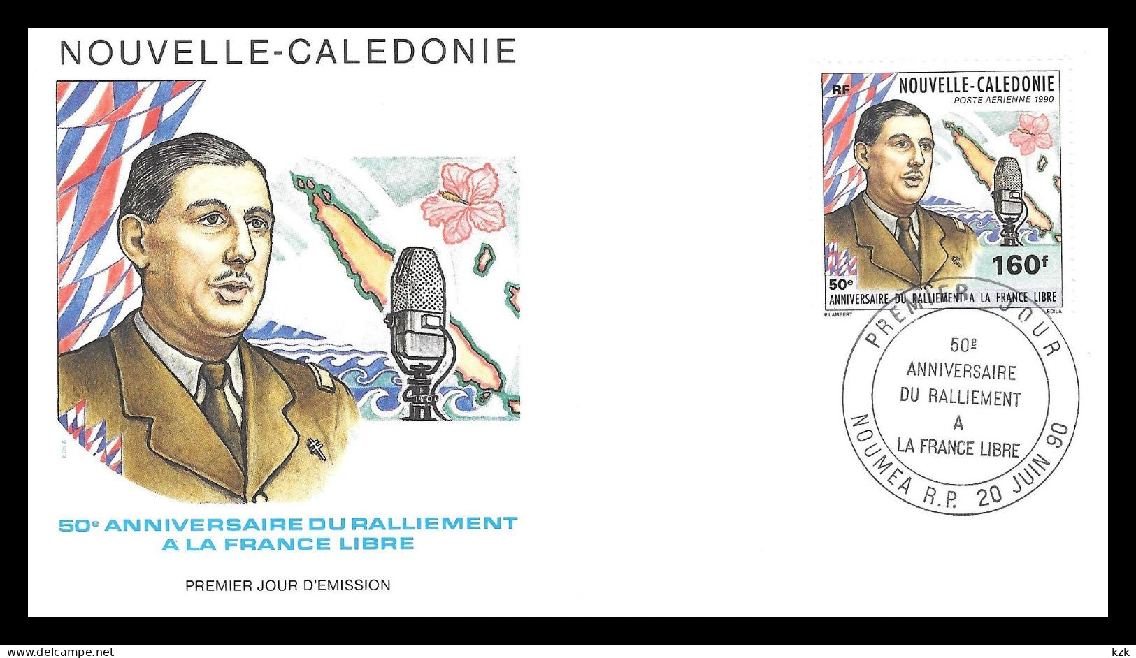 1 26	-	325	50e ANNIVERSAIRE Du RALLIEMENT  A LA FRANCE LIBRE 			PJ  -  Nouméa  20/06/1990 - De Gaulle (Général)