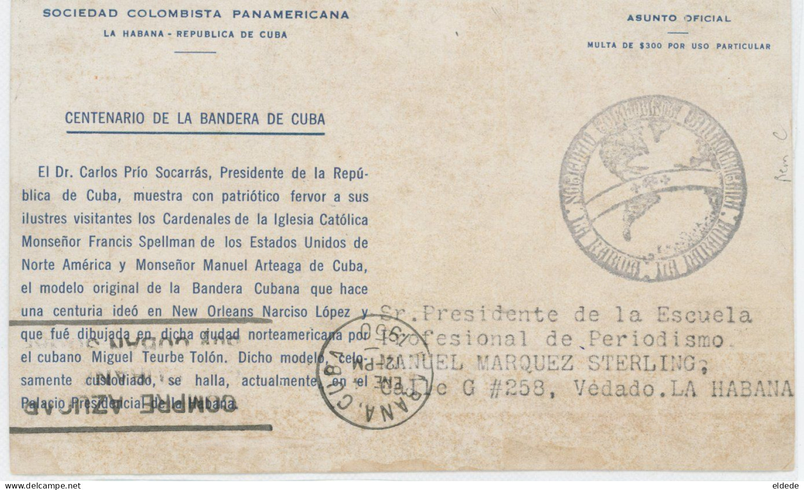 Sociedad Colombista Panamericana Centenario Bandera Prio Socarras , Francis Spellman , Manuel Arteaga 1950 - Kuba