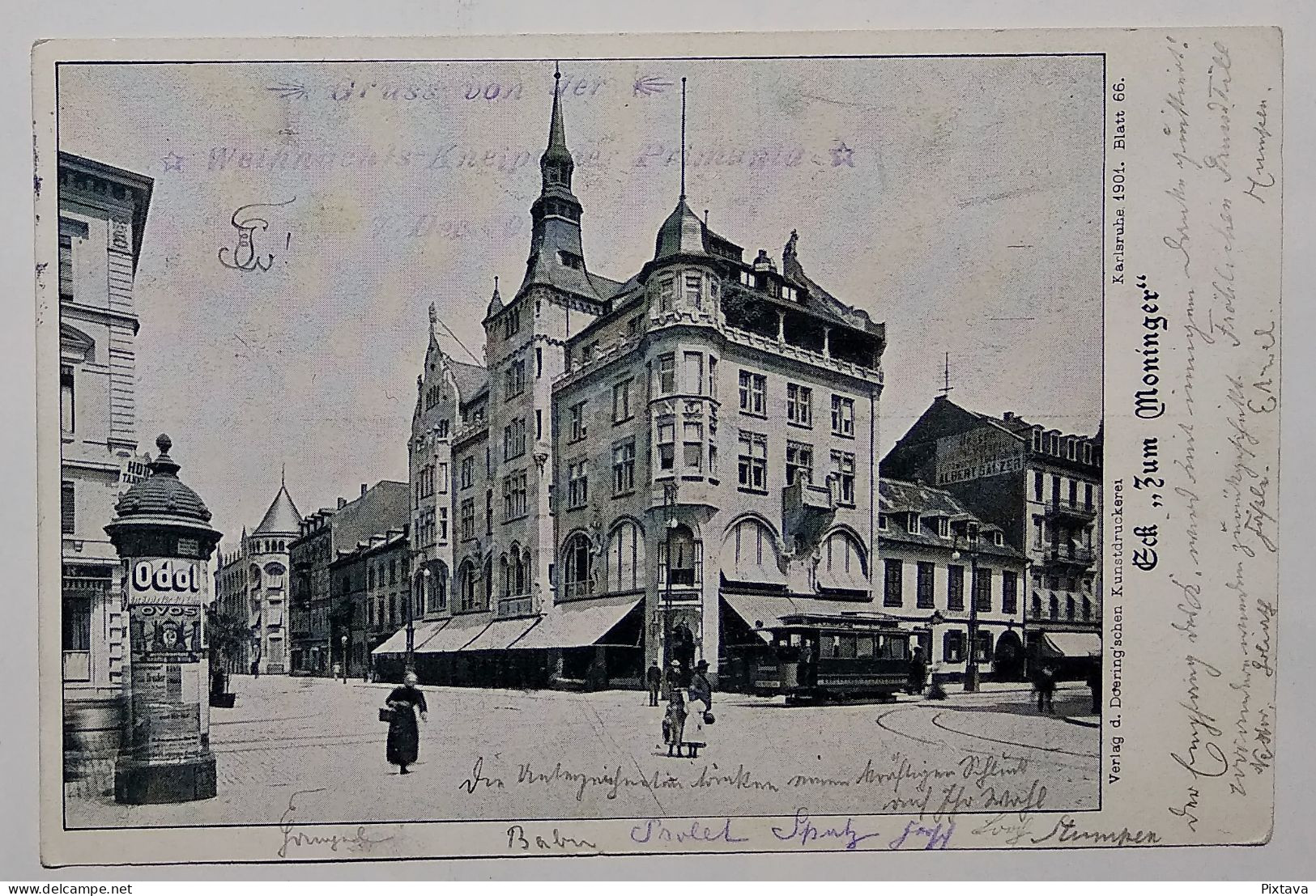 Germany / Karlsruhe / Stadtkreis, Eck Zum Moninger, Straßenbahn, Werbesäule / 1901 - Karlsruhe