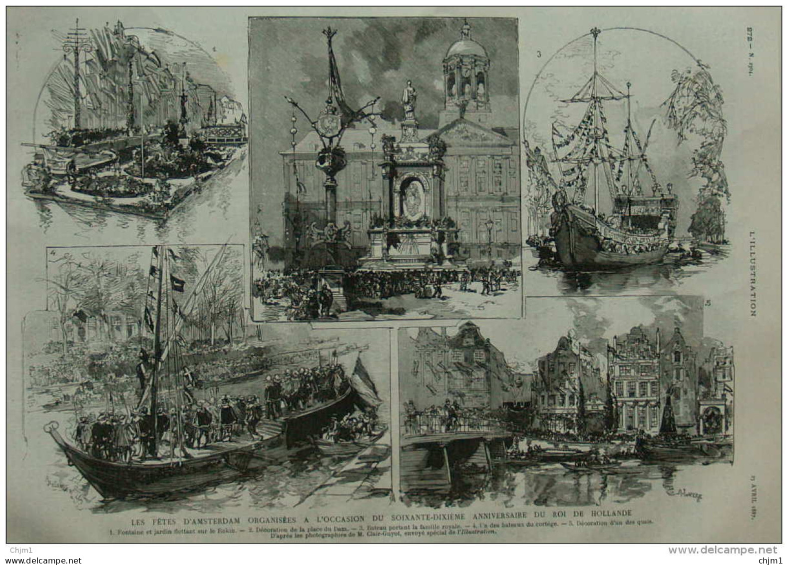 Les Fêtes D'Amsterdam à L'occasion Du 70 Anniversaire Du Roi De Hollande - Place Du Dam - Page Original - 1887 - Historische Documenten