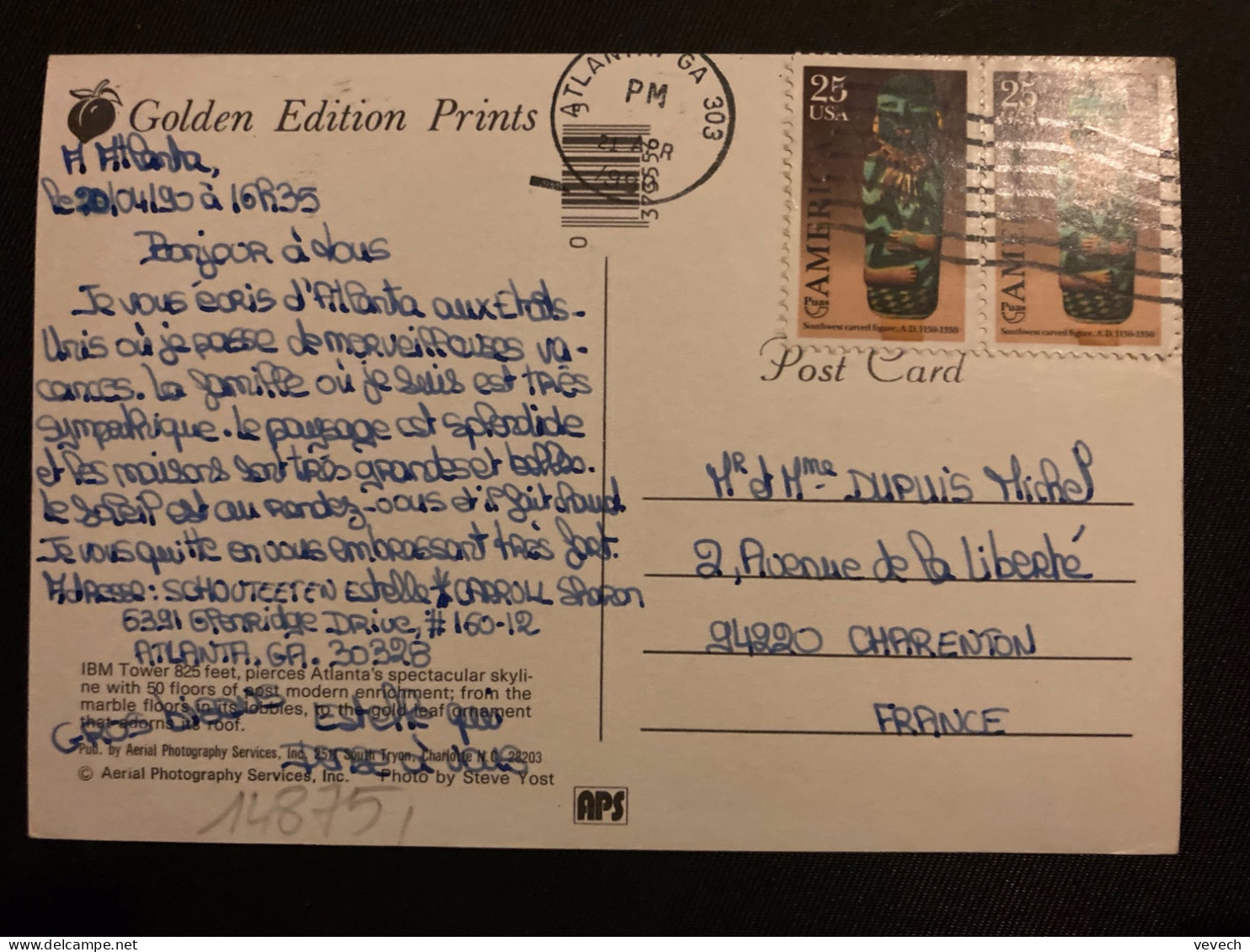 CP Pour La FRANCE TP SOUTHWEST CARVED FIGURE 25 25 OBL.MEC.21 APR 1990 - Briefe U. Dokumente