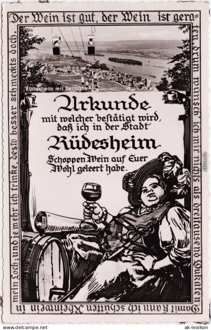 Ansichtskarte Rüdesheim (Rhein) Urkunde, Rüdesheim Mit Seilbahn 1956 - Rüdesheim A. Rh.