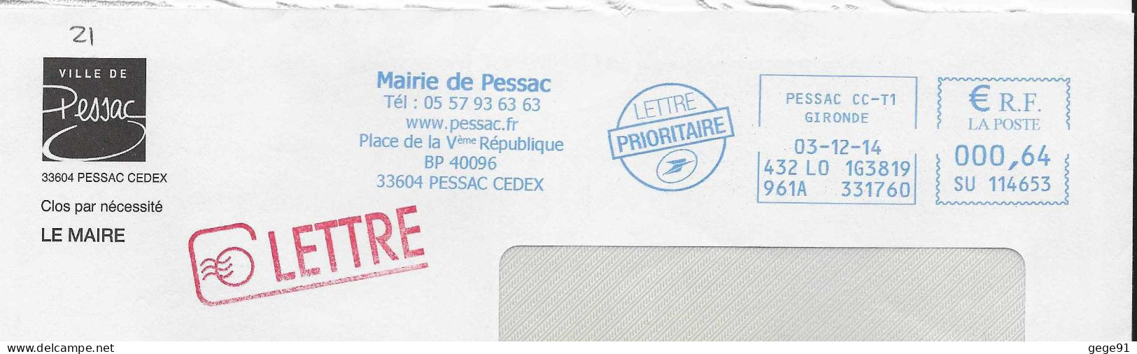 Ema Satas SU - Mairie De Pessac - Place De La Ve République - Enveloppe Entière - EMA (Print Machine)