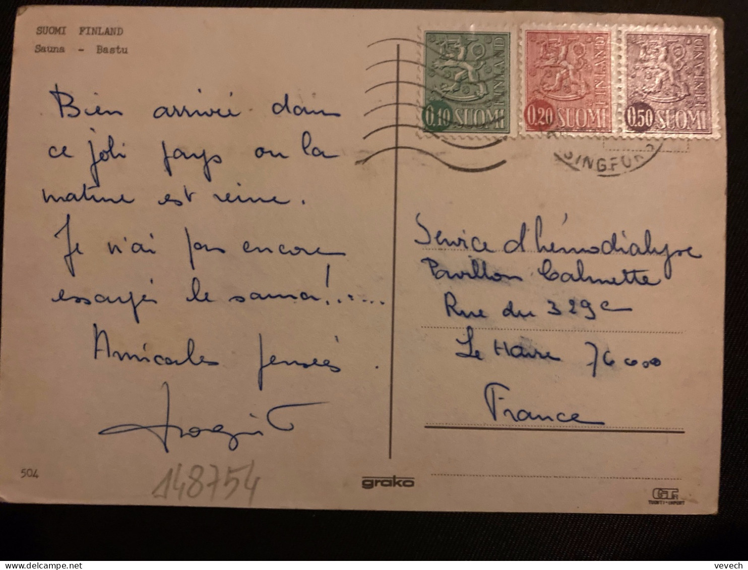 CP Pour La FRANCE TP LION 0,50 + 0,20 + 0,10 OBL.MEC.1 6 77 HELSINKI - Cartas & Documentos