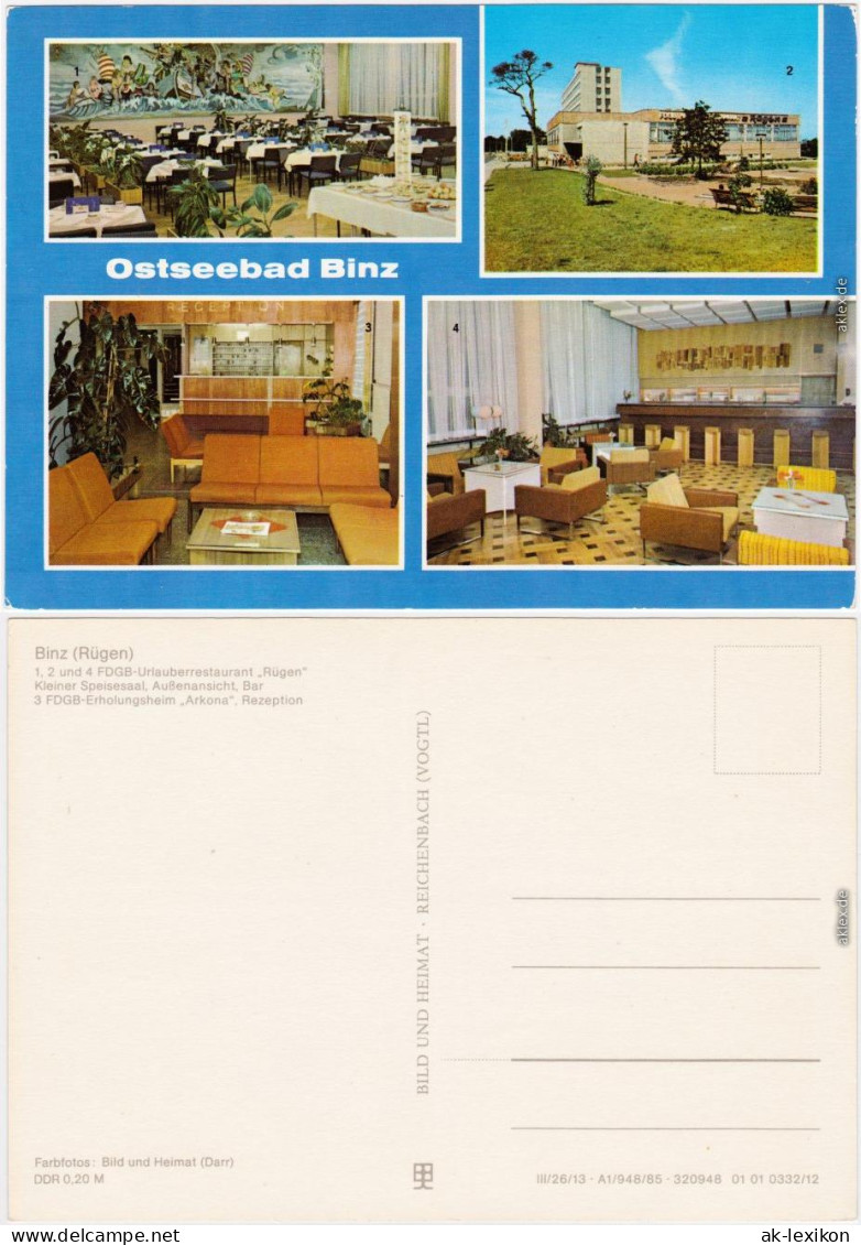 Binz (Rügen) 1.2.4. FDGB-Urlauberrestaurant 3. FDGB-Erholungsheim "Arkona" 1986 - Autres & Non Classés