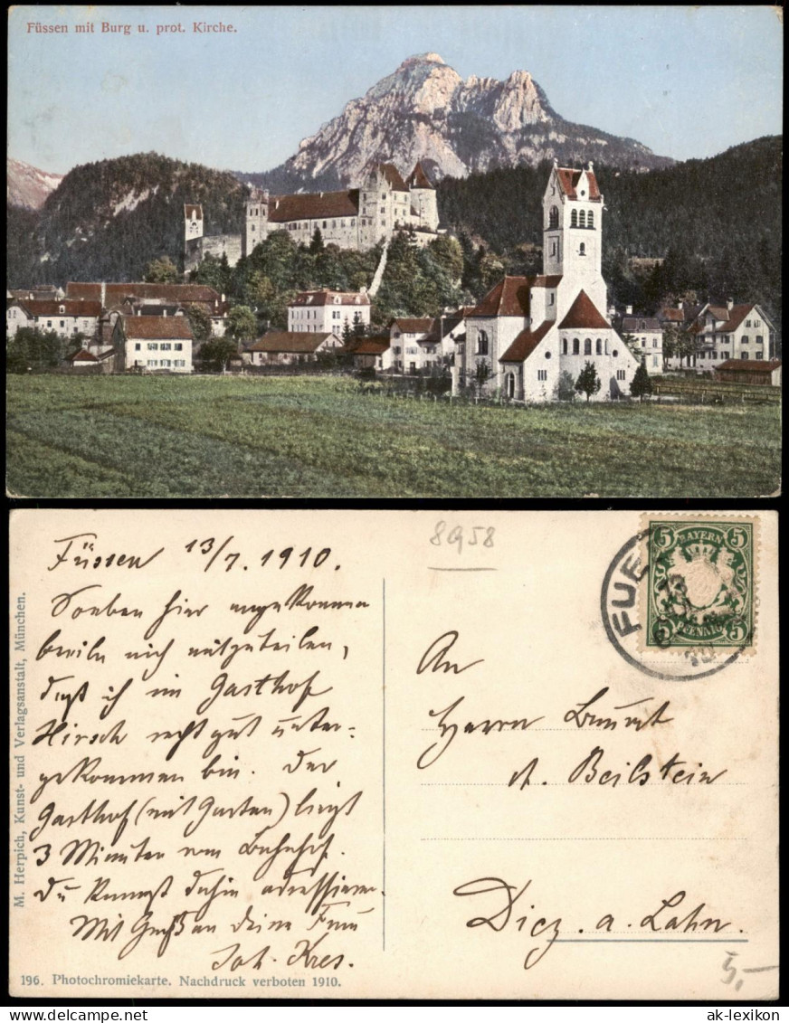 Ansichtskarte Füssen Panorama-Ansicht Mit Burg Und Prot. Kirche 1910 - Fuessen