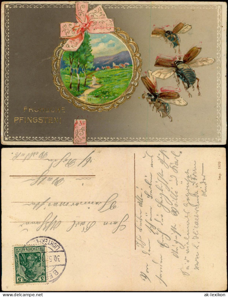 Glückwunsch: Pfingsten Fliegende Maikäfer Medaillon 1912 Goldrand/Prägekarte - Pinksteren