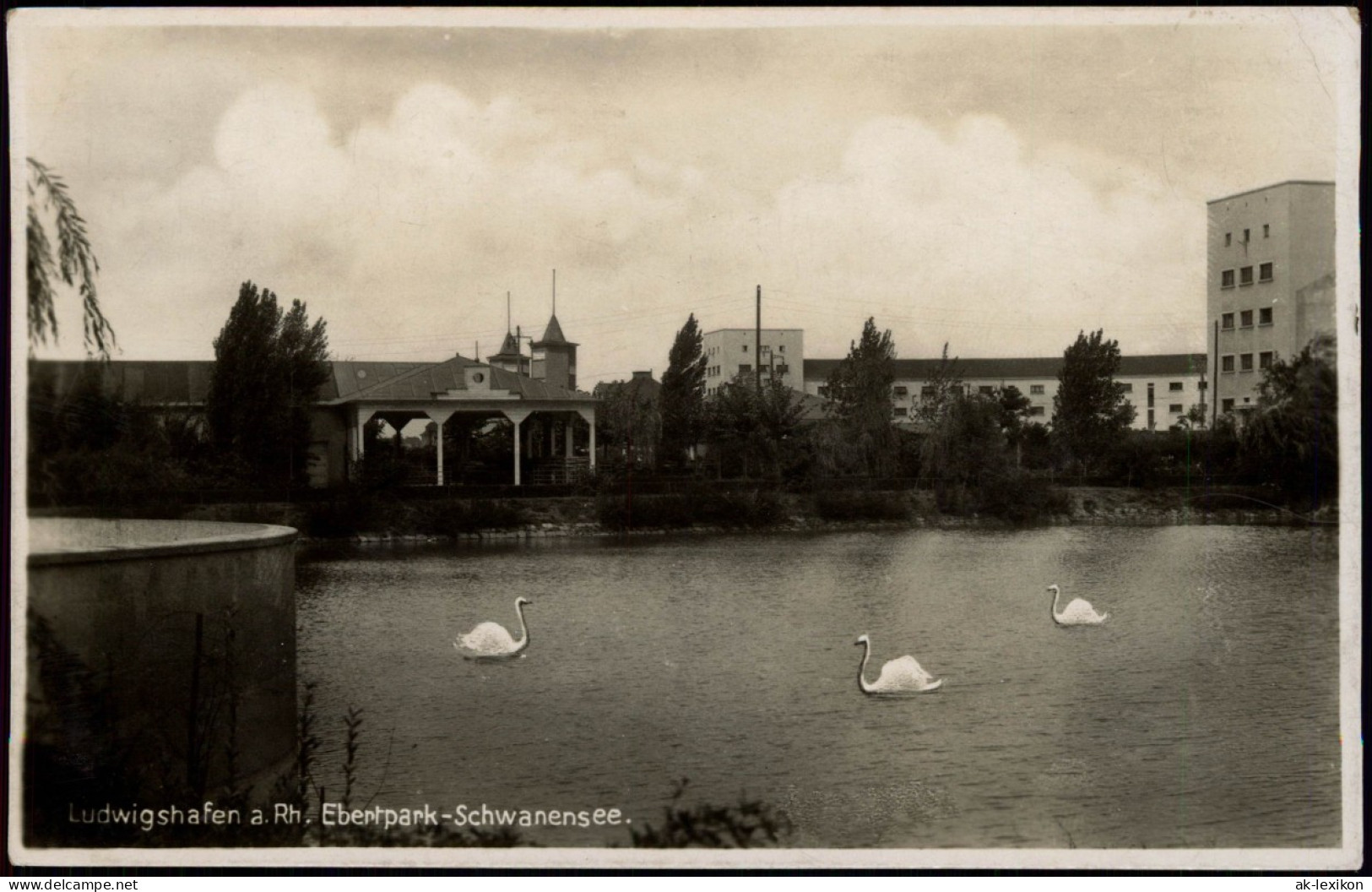 Ansichtskarte Ludwigshafen Ebertpark , Schwanensee - Häuser 1929 - Ludwigshafen