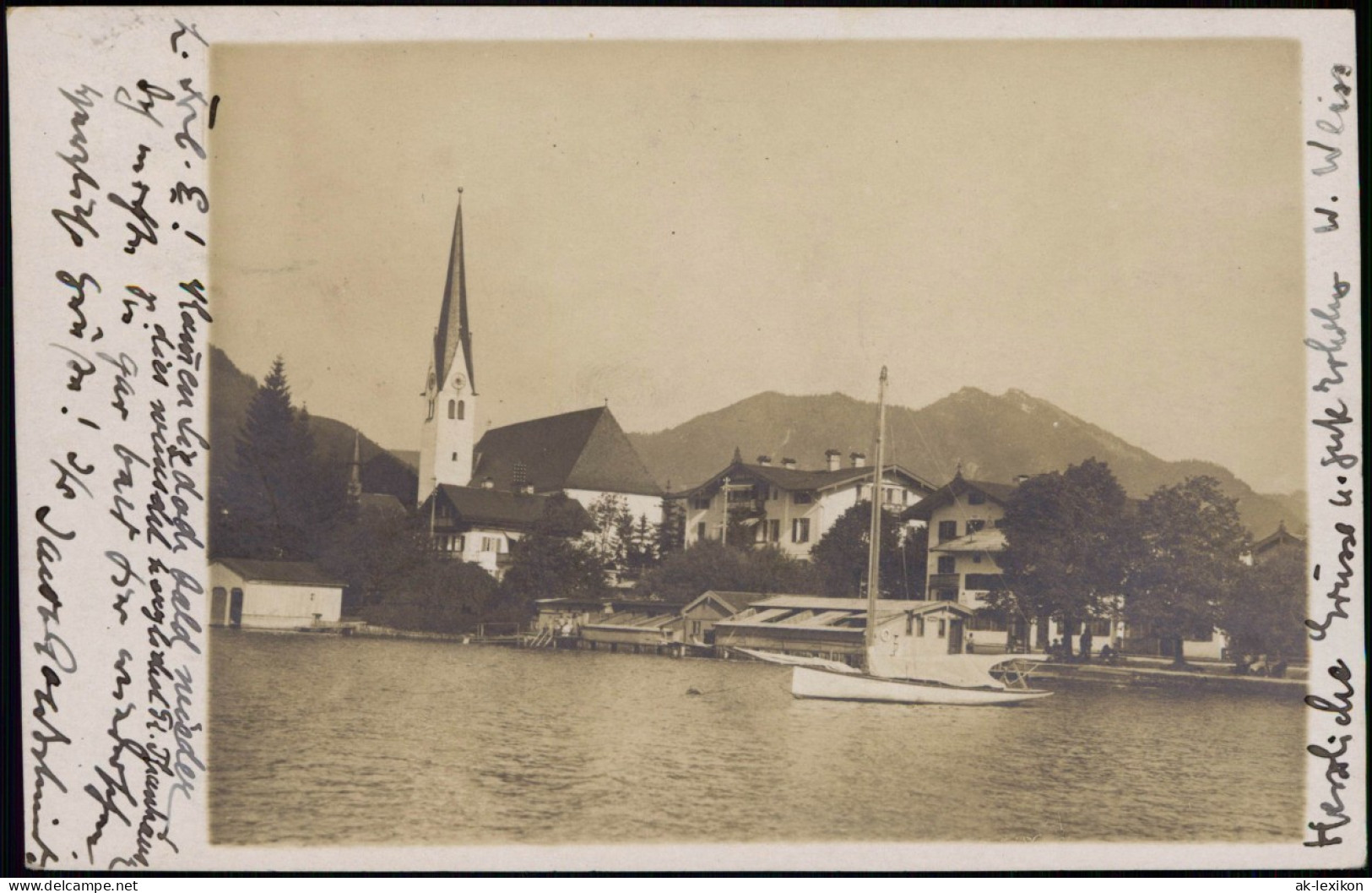 Ansichtskarte Bad Wiessee Kirche, Anleger Segelboot 1919 Privatfoto  Raitrain - Bad Wiessee