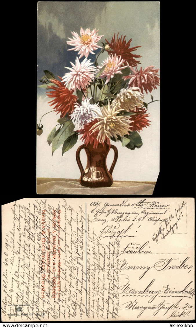 Ansichtskarte  Botanik :: Blumen Bunter Strauß In Goldvase Photochromie 1912 - Sonstige & Ohne Zuordnung