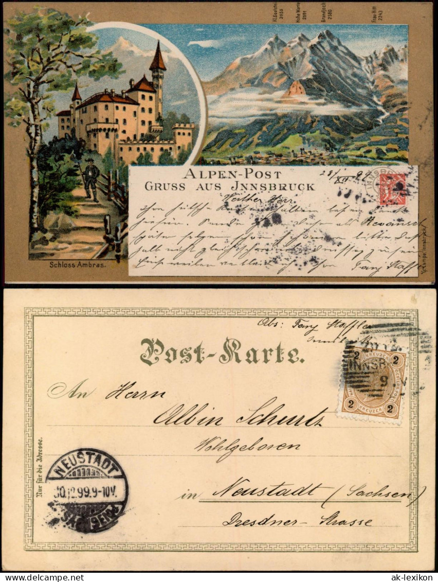 Ansichtskarte Amras-Innsbruck 2 Bild Schloss Ambras Alpen-Post 1899 - Innsbruck