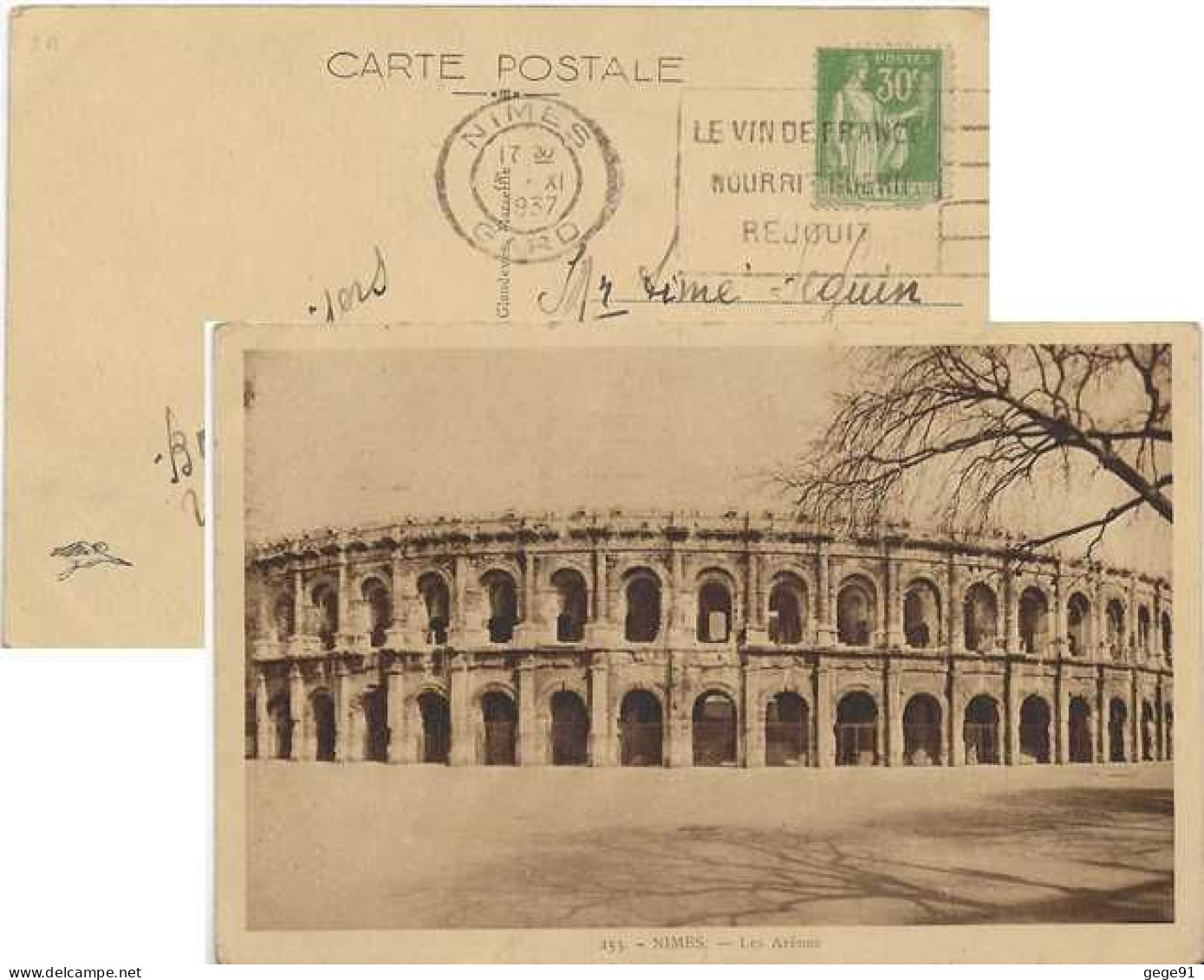 Flier De Nimes - Le Vin De France Nourri Guérit Réjouit - Enveloppe Entière - Mechanical Postmarks (Advertisement)