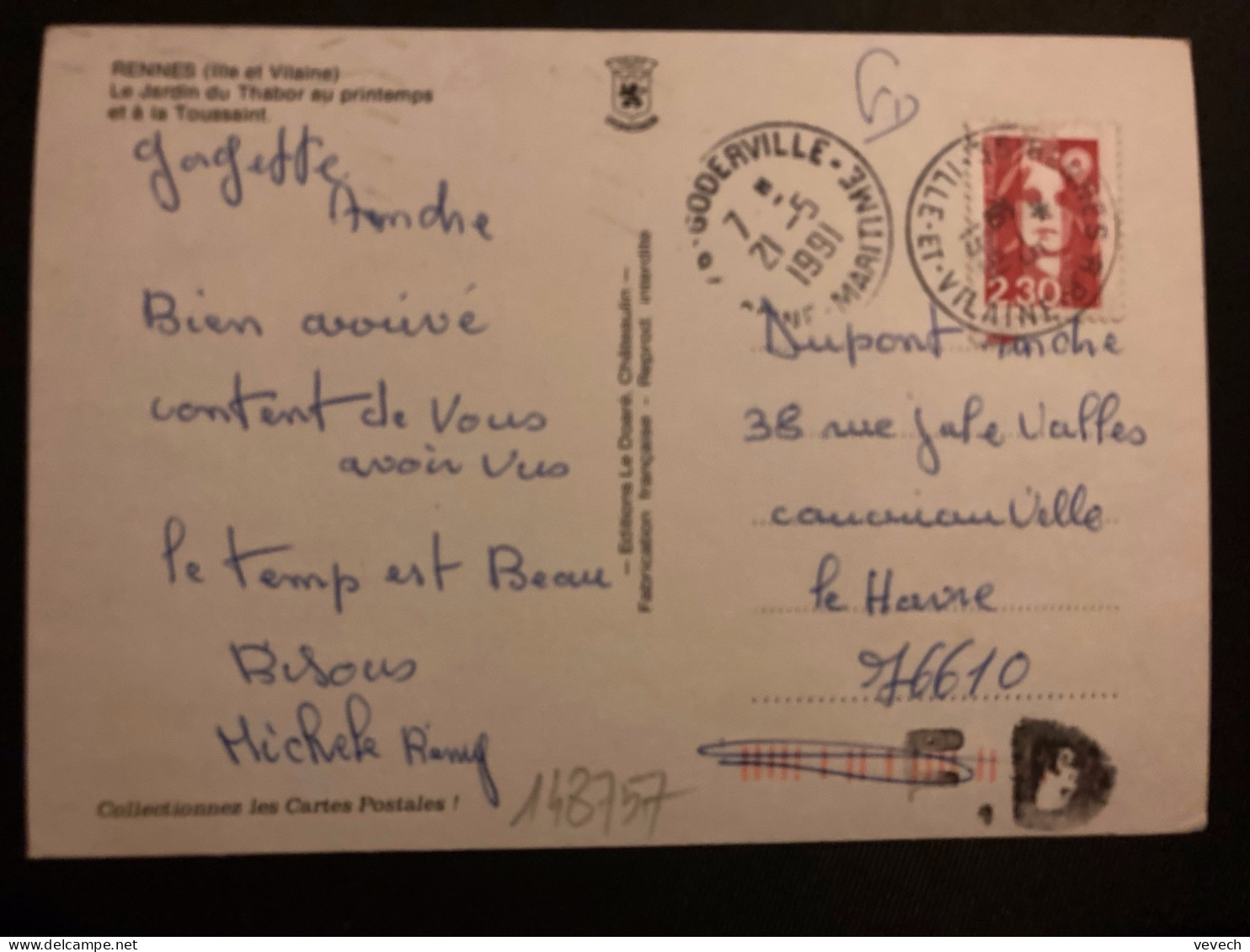 CP TP M DE BRIAT 2,30 OBL.21-5 1991 76 GODERVILLE SEINE-MARITIME + FD (FAUSSE DIRECTION) - Manual Postmarks