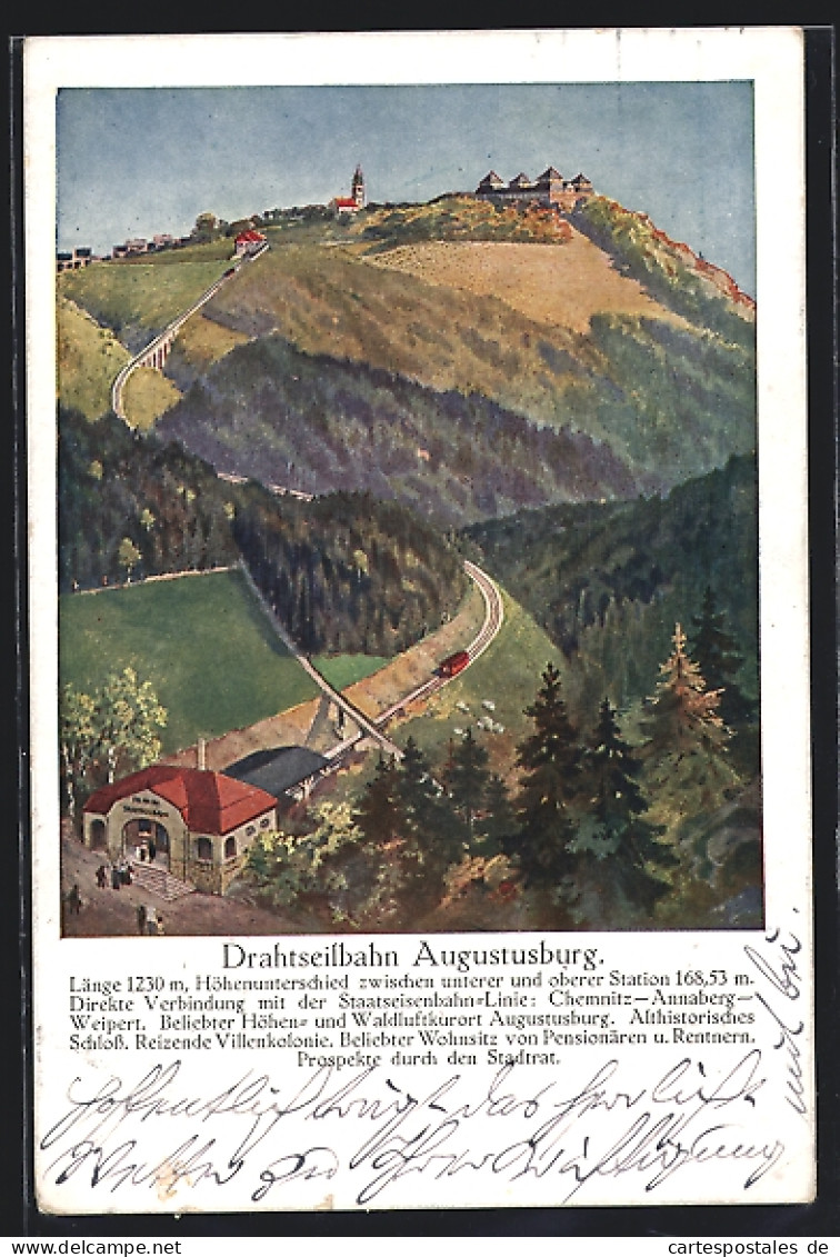 Künstler-AK Augustusburg, An Der Station Der Drahtseilbahn  - Augustusburg