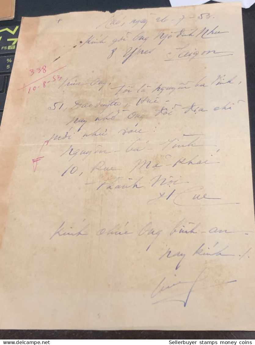 Soth Vietnam Letter-sent Mr Ngo Dinh Nhu -year-20/8/1953 No-308- 1 Pcs Paper Very Rare - Historical Documents