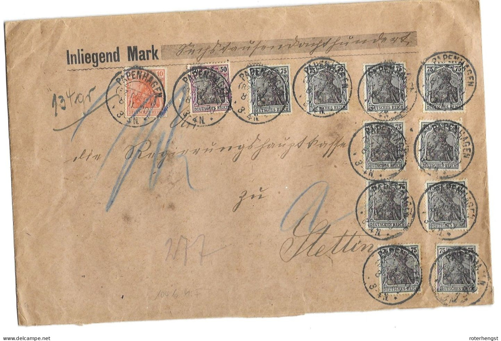 German Infla Letter Papenhagen To Stettin 8,10 Mark 104b Mischfrankatur Germania 50 Euros 8.11.1920 - Lettres & Documents