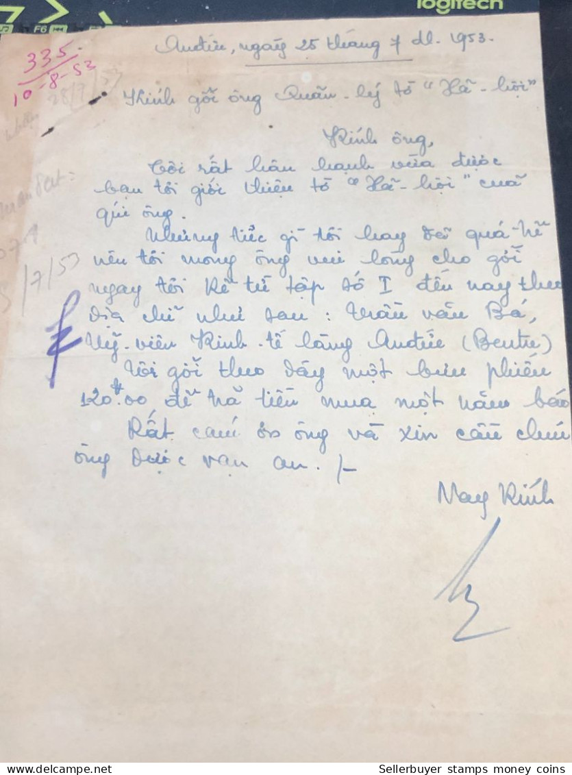 Soth Vietnam Letter-sent Mr Ngo Dinh Nhu -year-10/8/1953 No-335- 1 Pcs Paper Very Rare - Historische Dokumente