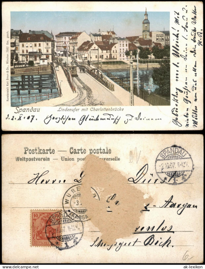Ansichtskarte Spandau-Berlin Lindenufer, Straßenbahn - Goldfenster AK 1907 - Spandau