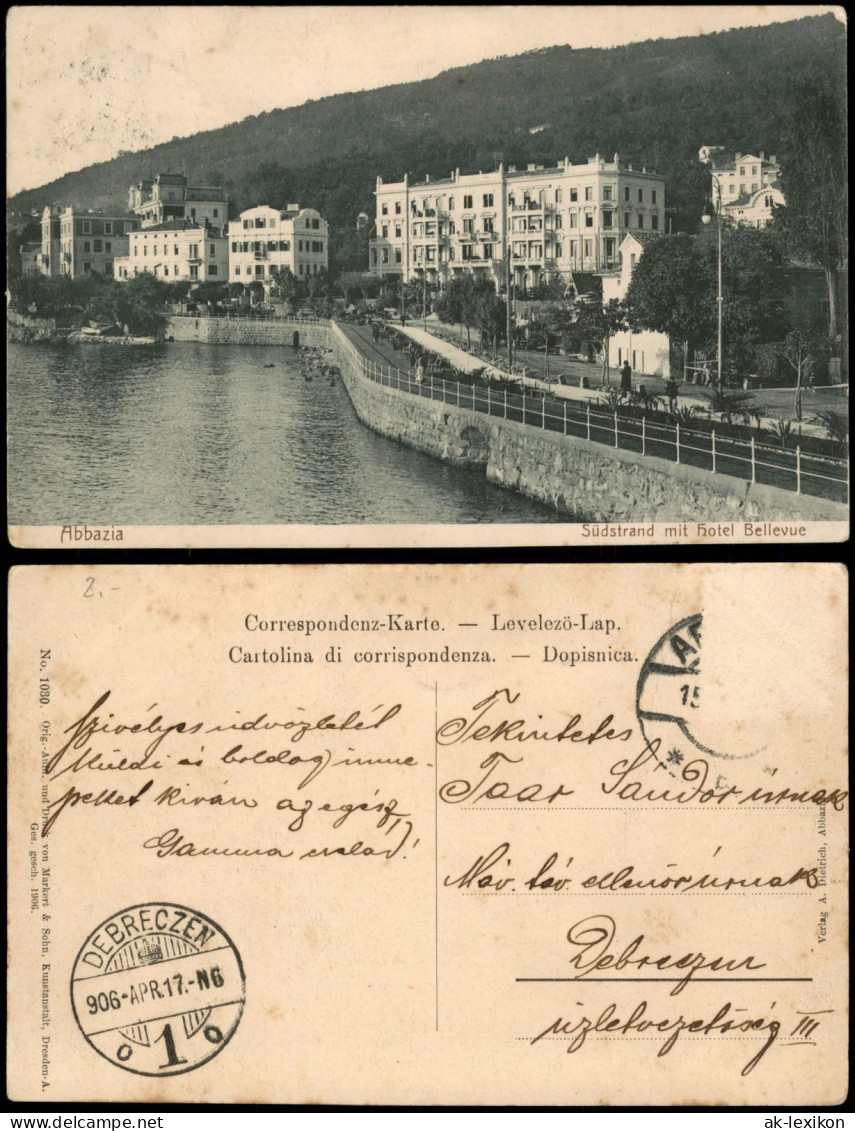 Sankt Jakobi Opatija (Abbazia)  Hotel Bellevue 1917 Debreczen (Ankunftsstempel) - Croatie