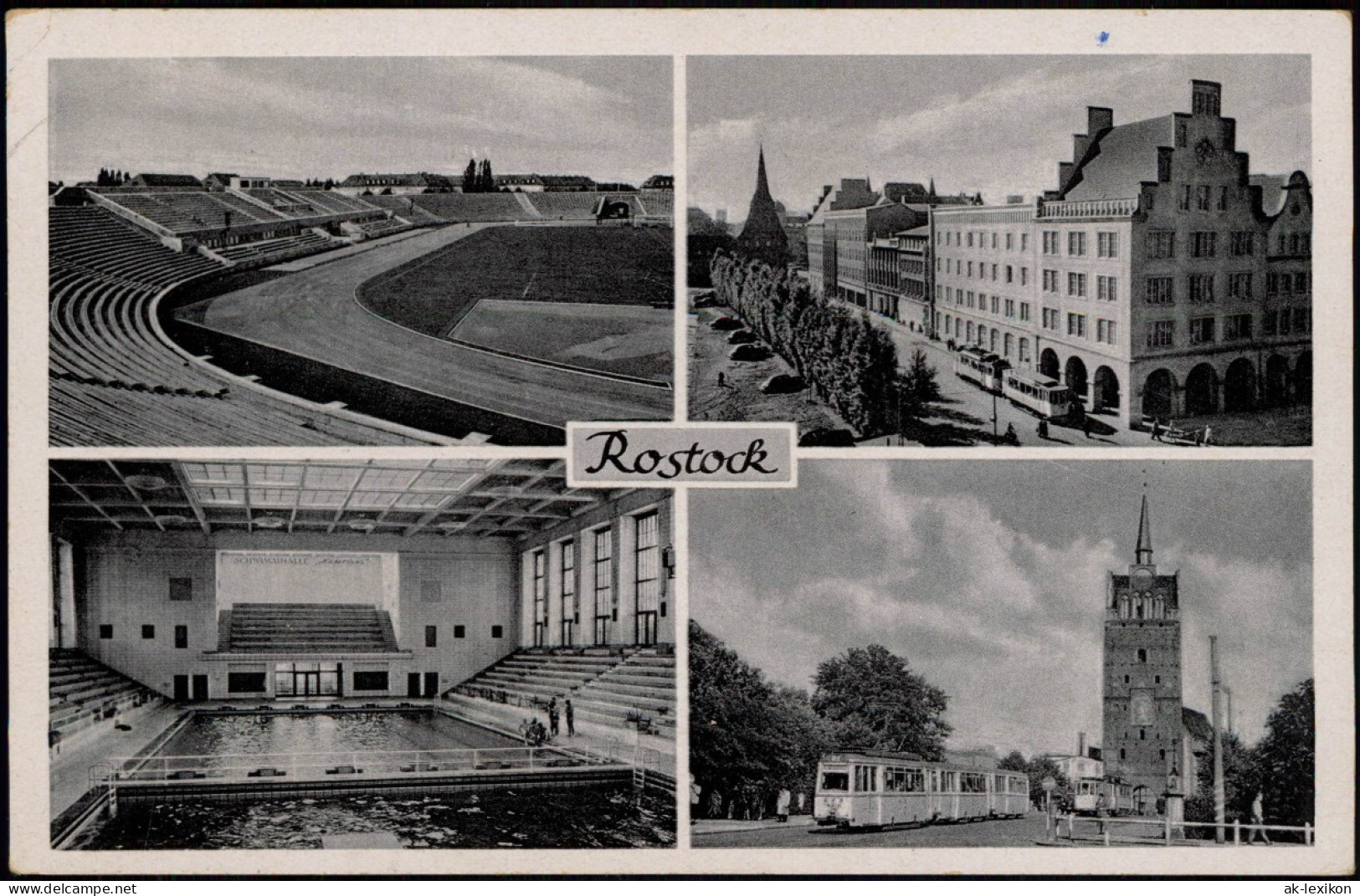 Ansichtskarte Rostock Ostseestadion, Straße, Schwimmhalle - Innen 1957 - Rostock