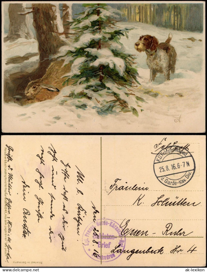 Ansichtskarte  Künstlerkarte Winter Hund U Hase Winter Wald 1916  Gel. Feldpost - Ohne Zuordnung