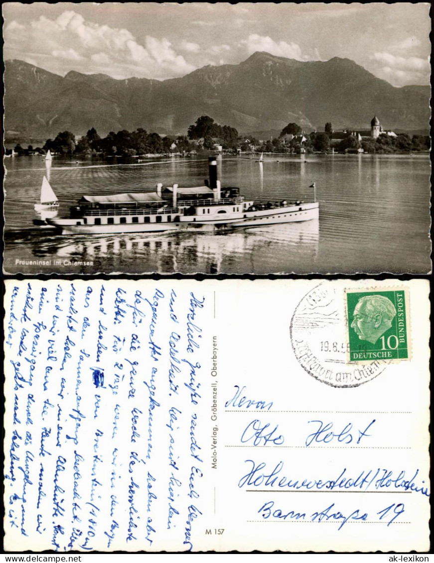 Ansichtskarte Chiemsee Fraueninsel - Chiemsee Dampfer Dampfschiff 1956 - Chiemgauer Alpen